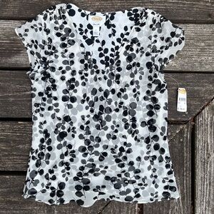 Talbots V Neck Short Sleeve Layered Silk Top 
Black and White size 6